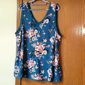 Teal Floral Double V Neck Tank